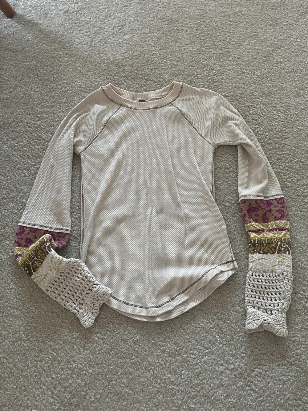 Free People Cream Long Sleeve Top with Crochet and Patterned Cuffs